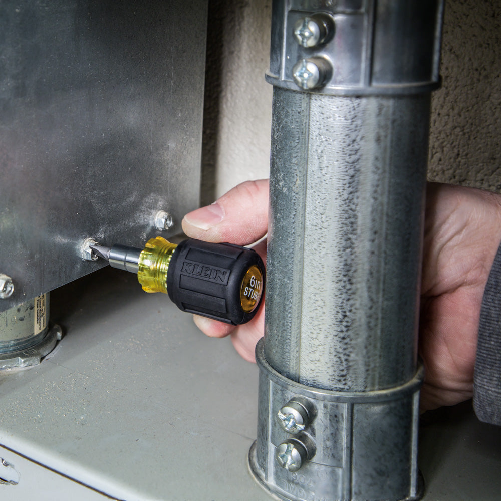 Klein Tools 32561 6-in-1 Stubby Screwdriver and Nut Driver - in use on a panel