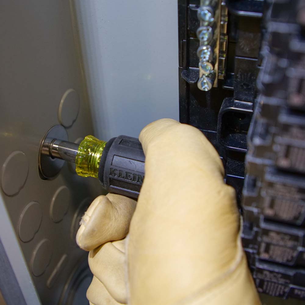 Klein Tools 32561 6-in-1 Stubby Screwdriver and Nut Driver - in use in a panel