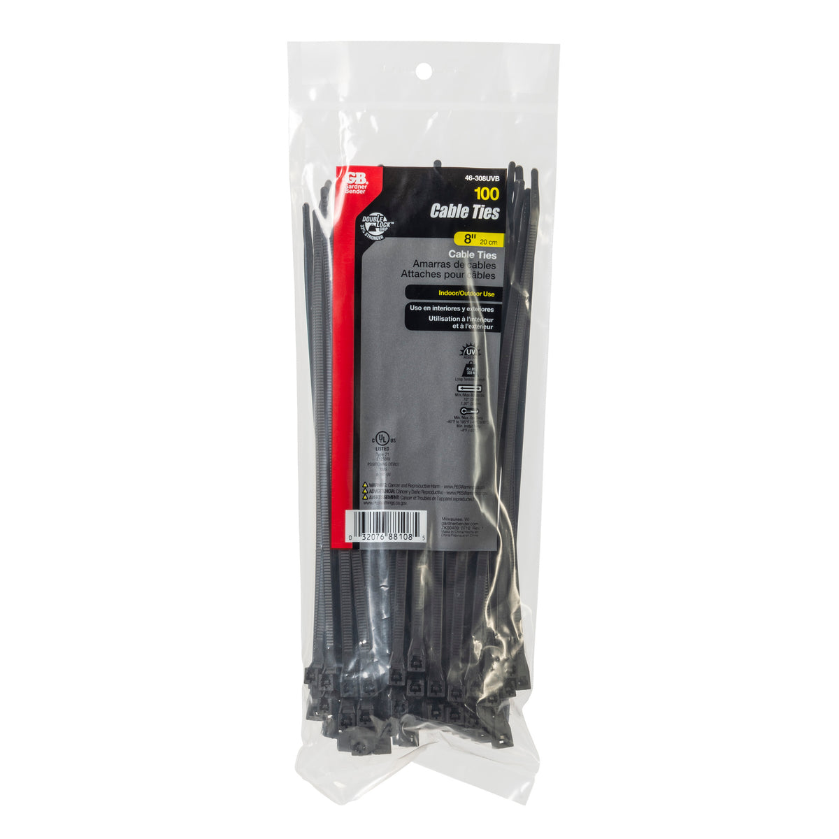 Gardner Bender 46-308UVB cable ties package, alternate view