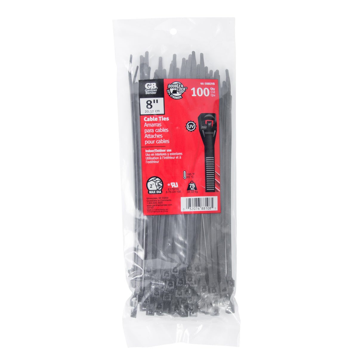 Gardner Bender 46-308UVB cable ties in the 100-pack bag