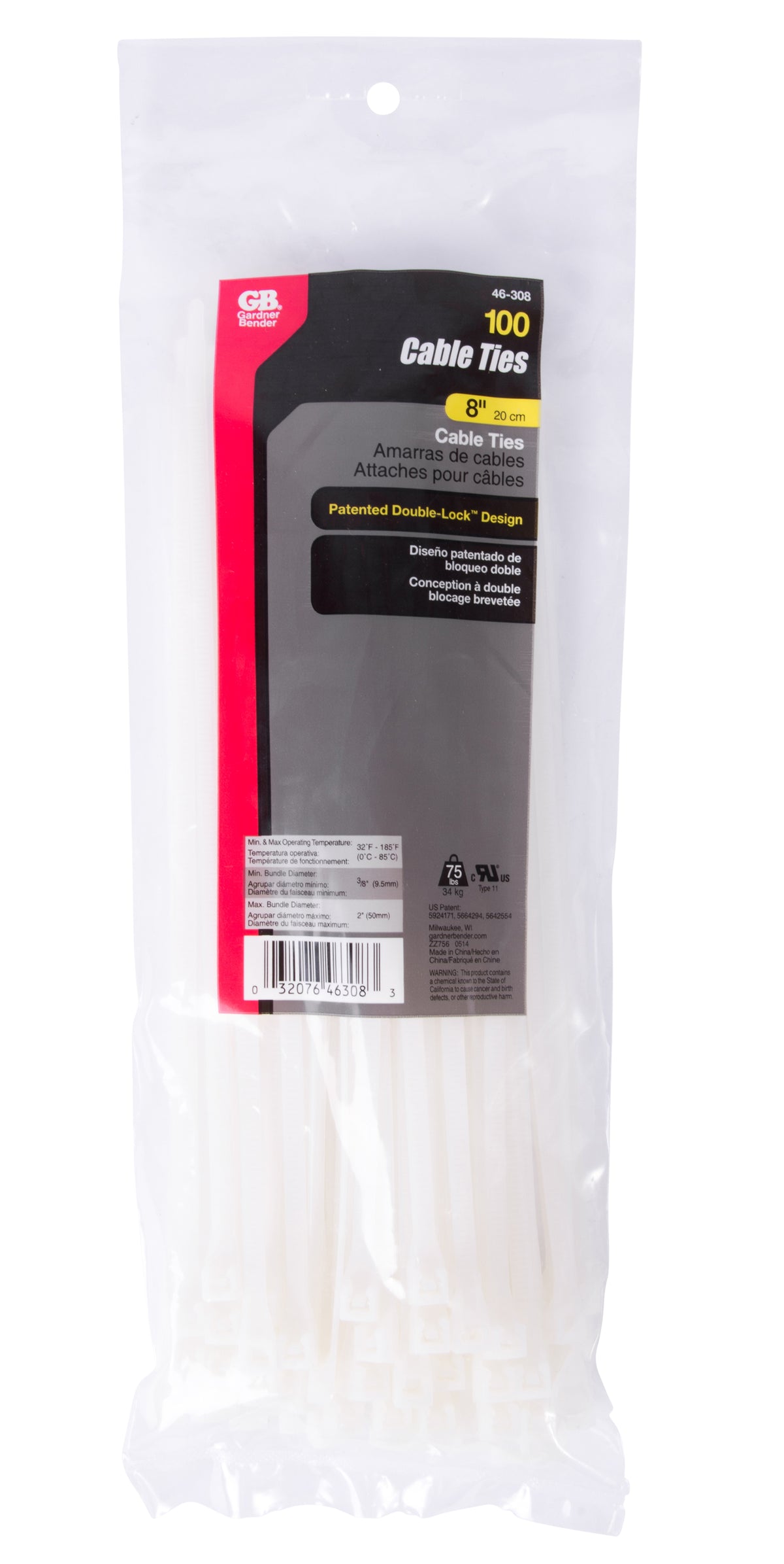 Gardner Bender 46-308 cable ties in the 100-pack bag
